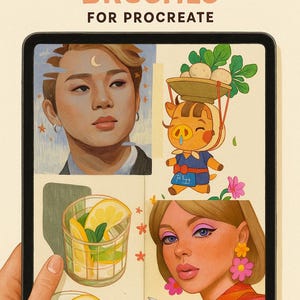 May include: Digital art illustration of a tablet displaying a sketchbook with drawings of a person, a pig character, lemons in a glass, and a woman. The tablet is held by a person. Text at the top reads "MINI SKETCHBOOK BRUSHES FOR PROCREATE."