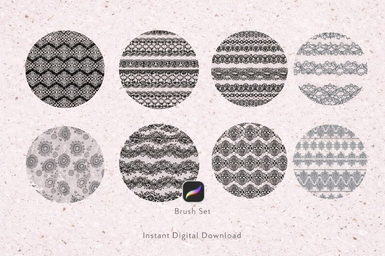 Peut inclure: Un ensemble de pinceaux num&eacute;riques pr&eacute;sentant huit motifs circulaires avec des motifs de dentelle complexes en noir et blanc. Le texte "Brush Set" et "Instant Digital Download" est inclus.