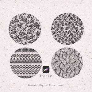 Peut inclure: Quatre motifs circulaires avec des motifs floraux et de feuilles noirs et blancs. Les motifs sont dispos&eacute;s en carr&eacute;, avec le texte "Brush Set" et "Instant Digital Download" en dessous. Le logo de l'application Procreate est &eacute;galement visible.