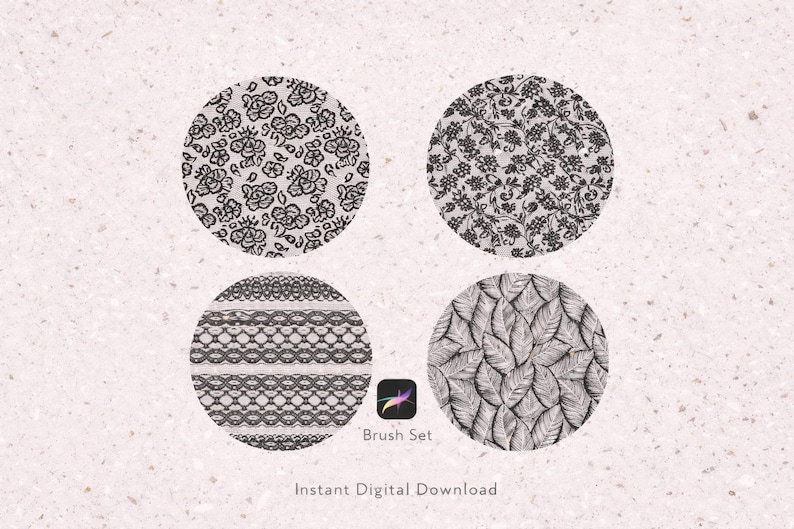 Peut inclure: Quatre motifs circulaires avec des motifs floraux et de feuilles noirs et blancs. Les motifs sont dispos&eacute;s en carr&eacute;, avec le texte "Brush Set" et "Instant Digital Download" en dessous. Le logo de l'application Procreate est &eacute;galement visible.