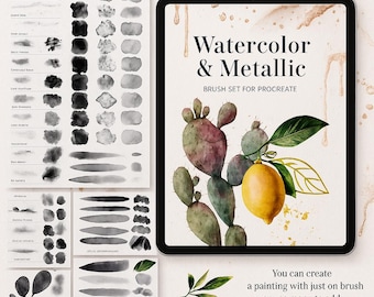 Pinceaux aquarelle et métallique Procreate - 50 pinceaux réalistes + lot de tampons