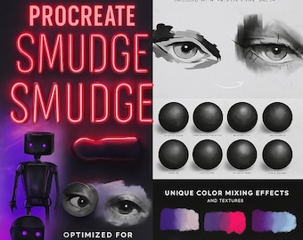 May include: A digital art graphic with the text "SET OF 18 PROCREATE SMUDGE SMUDGE" in red neon style. The image includes examples of eye drawings, color mixing effects, and textures. The text "OPTIMIZED FOR THE UPDATED TOOL IN PROCREATE 4" is also present.