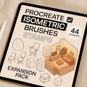 Procreate Isometric Brushes and Stamps Pack | 44 möbel- och rumsbyggarstämplar