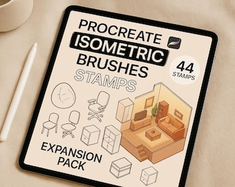 May include: A digital art expansion pack for Procreate, featuring isometric brushes and stamps. The image displays a tablet with the text "Procreate Isometric Brushes Stamps Expansion Pack" and includes 44 stamps. The image also shows various furniture and design elements.