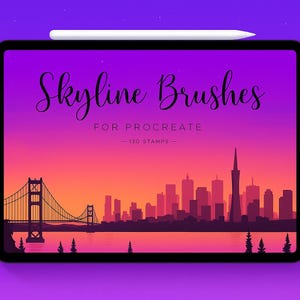 May include: A digital illustration on a tablet featuring a cityscape silhouette against a gradient sunset. The text "Skyline Brushes" is displayed above the words "For Procreate - 130 Stamps". A white stylus rests on the tablet's edge.
