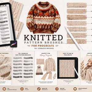 Op de afbeelding: Digitale penselen voor Procreate met diverse breipatronen. De afbeelding toont kabelbrei, ribbrei en visgraatstructuren, samen met een trui met pompoenmotieven. De tekst luidt "KNITTED PATTERN BRUSHES" voor digitale kunst.