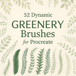 Op de afbeelding: Een afbeelding met 52 dynamische groenborstels voor Procreate. De tekst is donkergroen, met illustraties van groene bladeren rond de rand en onderaan de afbeelding.