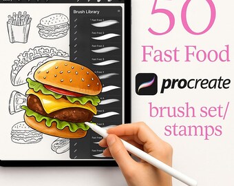 Fast Food Procreate Brushes | 50 Stamp | Burger, Fries, Pizza, Snacks | Procreate stamps for iPad