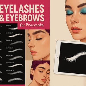 May include: Digital illustration featuring a woman with teal eyeshadow and a tablet displaying a lash design. The image includes a selection of 22 eyelash and eyebrow designs for Procreate, with examples of various lash and brow styles.