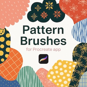 May include: An image featuring the text "Pattern Brushes" for the Procreate app, surrounded by colorful, abstract shapes with various patterns. The shapes include polka dots, floral designs, and geometric patterns in shades of orange, yellow, and teal.