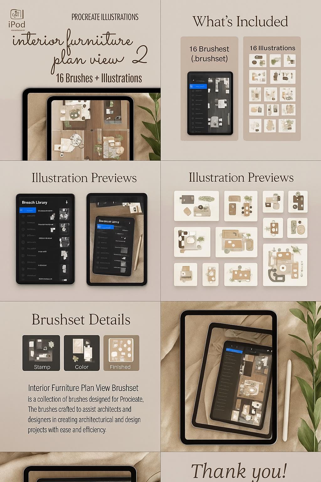 Procreate Interior Furniture Plan View Brushes | Architectural Layout ...