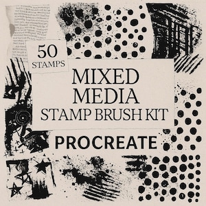 May include: A digital art brush kit for Procreate, featuring a variety of mixed media stamps. The design includes black ink splatters, dots, and textures on a beige background. The text reads "50 STAMPS" and "MIXED MEDIA STAMP BRUSH KIT PROCREATE".
