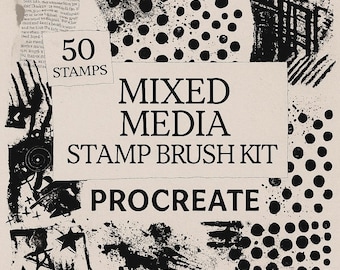 Kit de pinceaux pour tampons Procreate, matériaux mixtes, 50 tampons uniques | Texture, grunge, journal, pinceaux de collage