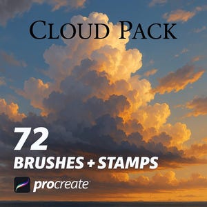 May include: Digital art pack titled "Cloud Pack" featuring a sunset sky with large, fluffy clouds. The image includes the text "72 BRUSHES + STAMPS" and the Procreate logo.