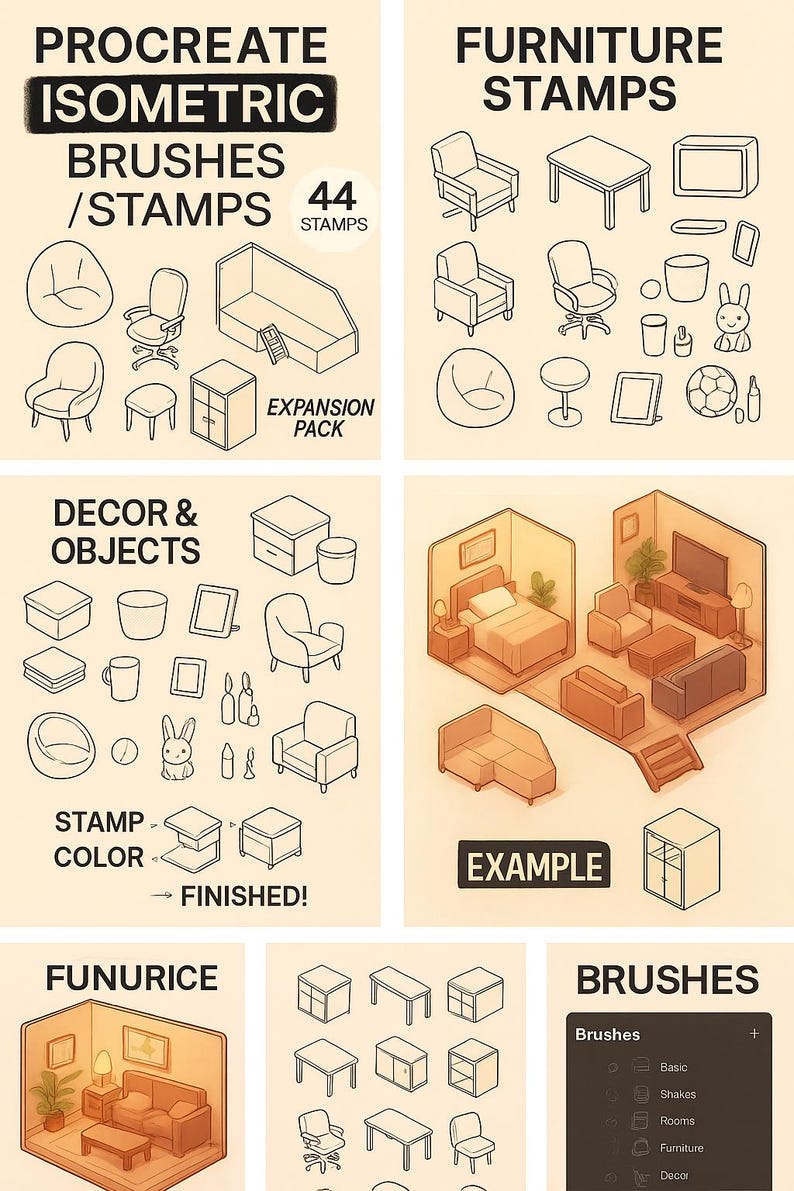 Procreate Isometric Brushes and Stamps Pack | 44 Furniture & Room ...