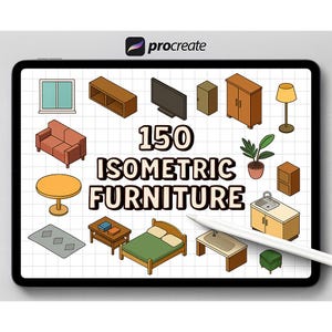 Puede incluir: Ilustración digital en una tableta con 150 diseños de muebles isométricos. La imagen incluye varios muebles como un sofá, una cama, una mesa y un armario, todos en estilo de dibujos animados. El texto "150 Isometric Furniture" es prominente.
