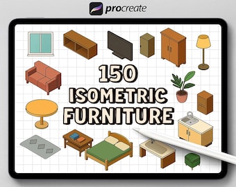 150 Isometric Furniture Procreate Stamp Set – Full Color Home Decor Stamps, Interior Design Brushes