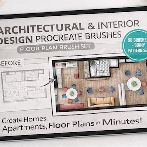 May include: A digital tablet displays architectural design Procreate brushes. The screen shows a floor plan with furniture and the text "ARCHITECTURAL & INTERIOR DESIGN PROCREATE BRUSHES". The image includes a candle, a notepad, and a stylus.