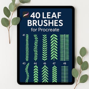 May include: A digital tablet displays a dark blue screen with the text "40 LEAF BRUSHES for Procreate." The screen showcases various green leaf brush designs, numbered 41-48. Eucalyptus branches with green leaves are in the background.
