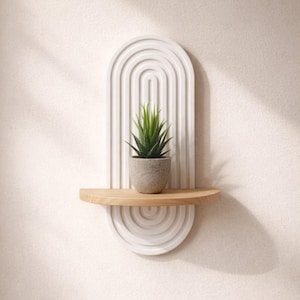 Puede incluir: Una estantería de pared blanca en forma de arco con una balda de madera y una pequeña planta en maceta. La estantería tiene una serie de arcos concéntricos y un diseño de semicírculo en la parte inferior. La planta es verde y la maceta es gris.
