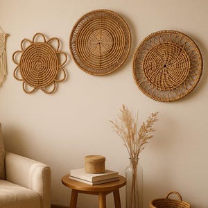 Handwoven Rattan Wall Decor – Boho Wicker Art Trio | Natural Wall Baskets Set | Sunflower Spiral Designs | Rustic Boho Home Decor | Home