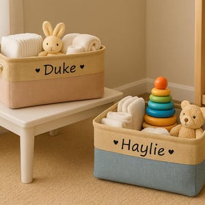 Personalisierter Kinder Aufbewahrungskorb | Benutzerdefinierte Leinen Spielzeugkiste | Baby Korb mit Name | Geschenk für Babyparty oder Kleinkind-Zimmer | Aufbewahrungskörbe