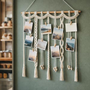 Könnte beinhalten: Ein Makramee-Fotodisplay mit Landschaftsfotos, die daran befestigt sind. Das cremefarbene Makramee hat oben eine Holzstange und dekorative Knoten und Quasten. Die Fotos zeigen Berge, Strände und malerische Ausblicke.