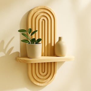 Wooden Wall Shelf | Arched Boho Wall-Mounted Display | Minimalist Natural Wood Decor | Scandinavian Shelf for Plants & Candles