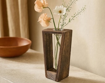 Wooden Geometric Vase | Stained Wood Bud Vase | Scandinavian Rustic Decor | Living Room Shelf Decor | New Home Gift
