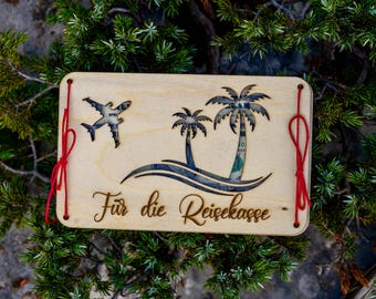 Wooden gift card "Travel fund Palm tree & airplane"