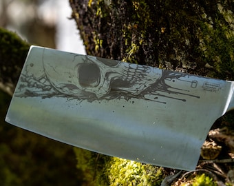 Cleaver with engraved skull kitchen knife