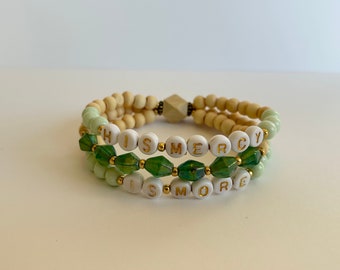 His Mercy Is More beaded stacking bracelet - stretchy boho hymn bracelet - mint and gold - gift for her