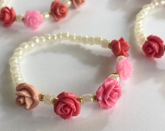 Girls dainty English rose beaded stretchy bracelets - children’s stacking bracelet - flower girl wedding gift - kids floral bracelet -