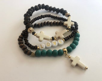 Faith Stacking Bracelets - Christian stretch wood cross bracelets - love joy peace - gift for her - inspirational - religious faith bracelet