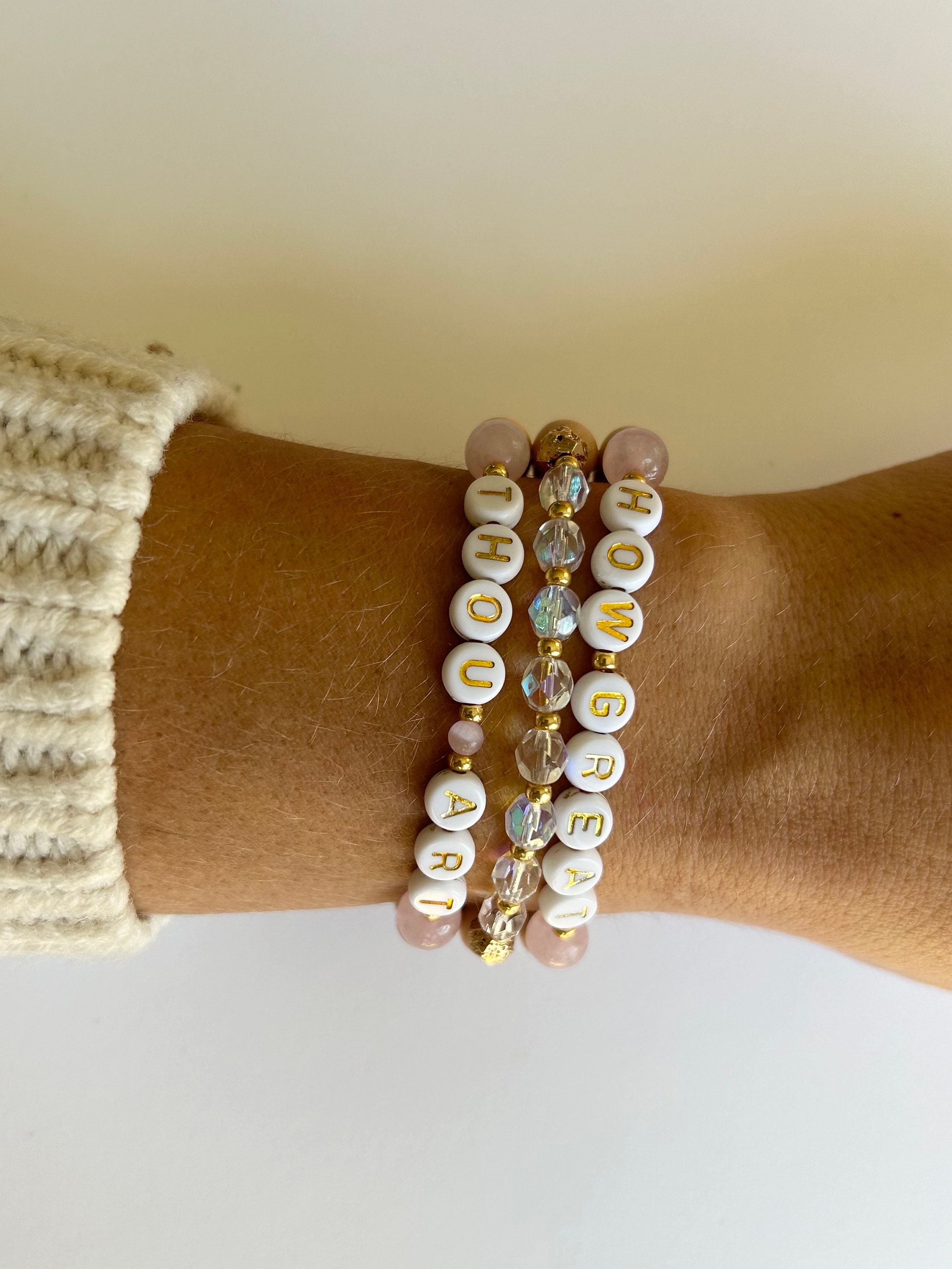 How Great Thou Art beaded stretchy bracelet - chunky wood bracelet stack - gift for teenager, daughter - favorite hymn