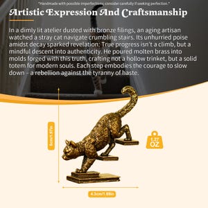 May include: A bronze cat sculpture climbing stairs, measuring 1.97 inches in height and 1.69 inches in width, weighing 1.27 ounces. The sculpture is a representation of artistic expression and craftsmanship.