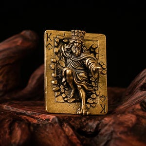 May include: An antique gold-coloured playing card with a detailed relief of a king wearing a crown. The card is marked with the spade symbol and the letter "K". The king is breaking through a wall.