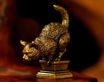 Solid Brass Cat Figurine on Steps Sculpture Home Decor Gift for Cat Lovers