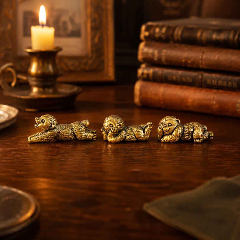 May include: Three small, antique-style brass figurines of monkeys in a row. The first monkey is lying down with its mouth open, the second is resting its head on its hand, and the third is covering its eyes with its hands, depicting the three wise monkeys.