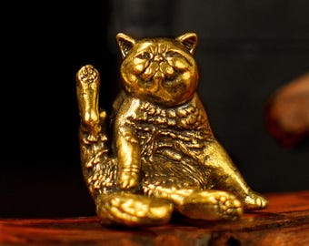 Solid Brass Chubby Cat Figurine – Retro Style Shy Comedy Pose Desk Decor