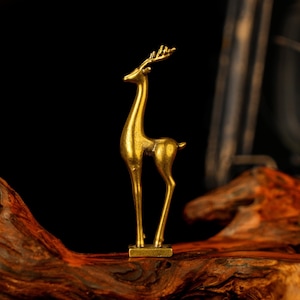 Retro Solid Brass Mini Stag Sculpture – Abstract Tall Deer Figurine