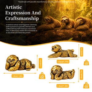 May include: Three solid brass sloth figurines with textured fur details. The first measures 1.42 inches long by 0.67 inches high. The second is 1.77 inches long by 0.71 inches high. The third is 1.34 inches long by 0.71 inches high. Each weighs 1.27 ounces.