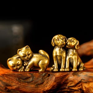 Hunde- und Katzenfiguren aus massivem Messing - Twin Souls Vintage Tierskulptur Geschenk für Tierliebhaber