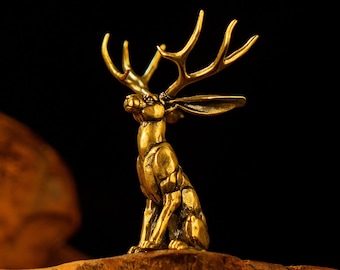 Solid Brass Jackalope Figurine - Horned Rabbit Sculpture Golden Desk Decor