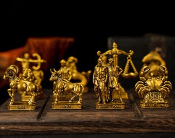 Solid Brass Zodiac Figurines Set of 12 - Astrology Desk Decor & Gift