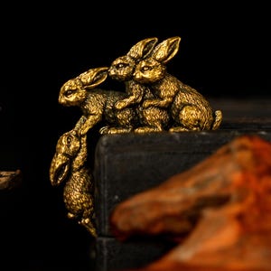 Brass Rabbit Sculpture - Retro Brass Bunnies Playful Design Home Decor Accent