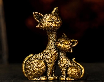 Massief messing kattenbeeldje - retro-standbeeld moeder en kitten