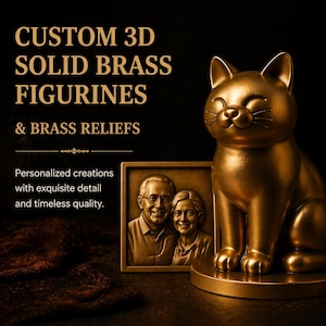 Może przedstawiać: Złota figurka kota z mosiądzu i mosiężny portret reliefowy pary są wyświetlane na ciemnym tle. Tekst brzmi "CUSTOM 3D SOLID BRASS FIGURINES & BRASS RELIEFS" oraz "Personalized creations with exquisite detail and timeless quality."