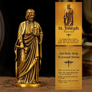 May include: A gold-colored St. Joseph statue holding a small house and a hammer. The statue is next to a prayer card with the text "St. Joseph Prayer Card" and instructions for selling a house.