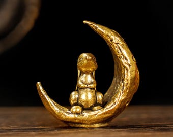 Mond-Hasen-Statue aus massivem Messing - Retro-Schreibtischdekoration, Sammlerstück, Kunstakzent